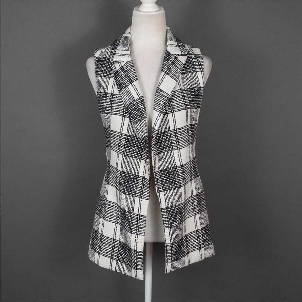 b.york Women's Mid-length Vest Black and White Window Pane Design Size Small